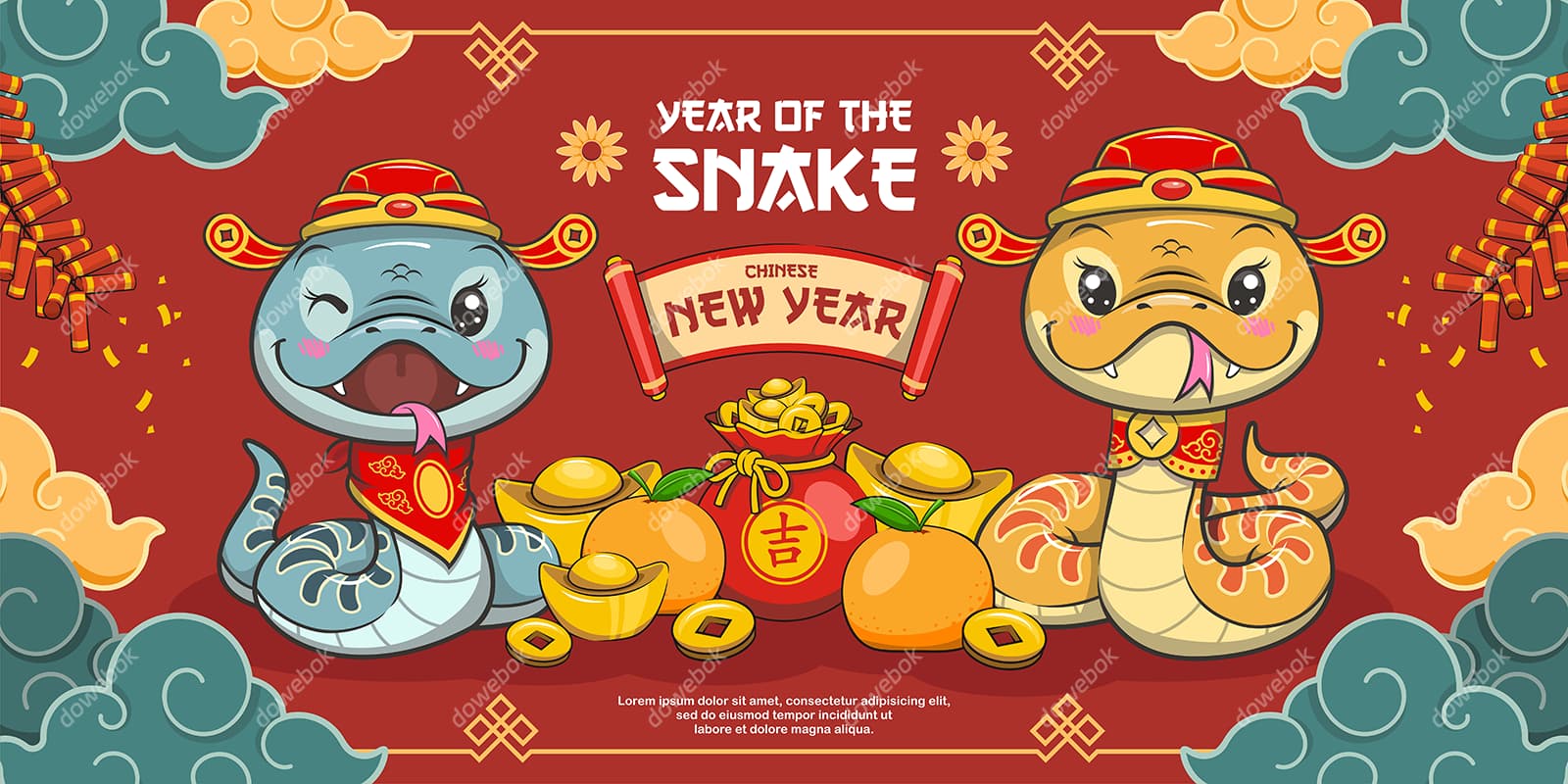 两条开心可爱的蛇设计蛇年春节背景矢量素材(EPS)