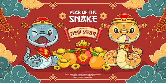 两条开心可爱的蛇设计蛇年春节背景矢量素材(EPS)