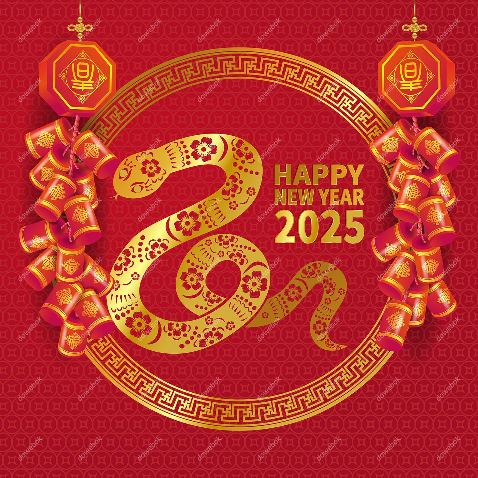 金色的蛇和鞭炮设计 2025 蛇年春节快乐背景矢量素材(EPS)