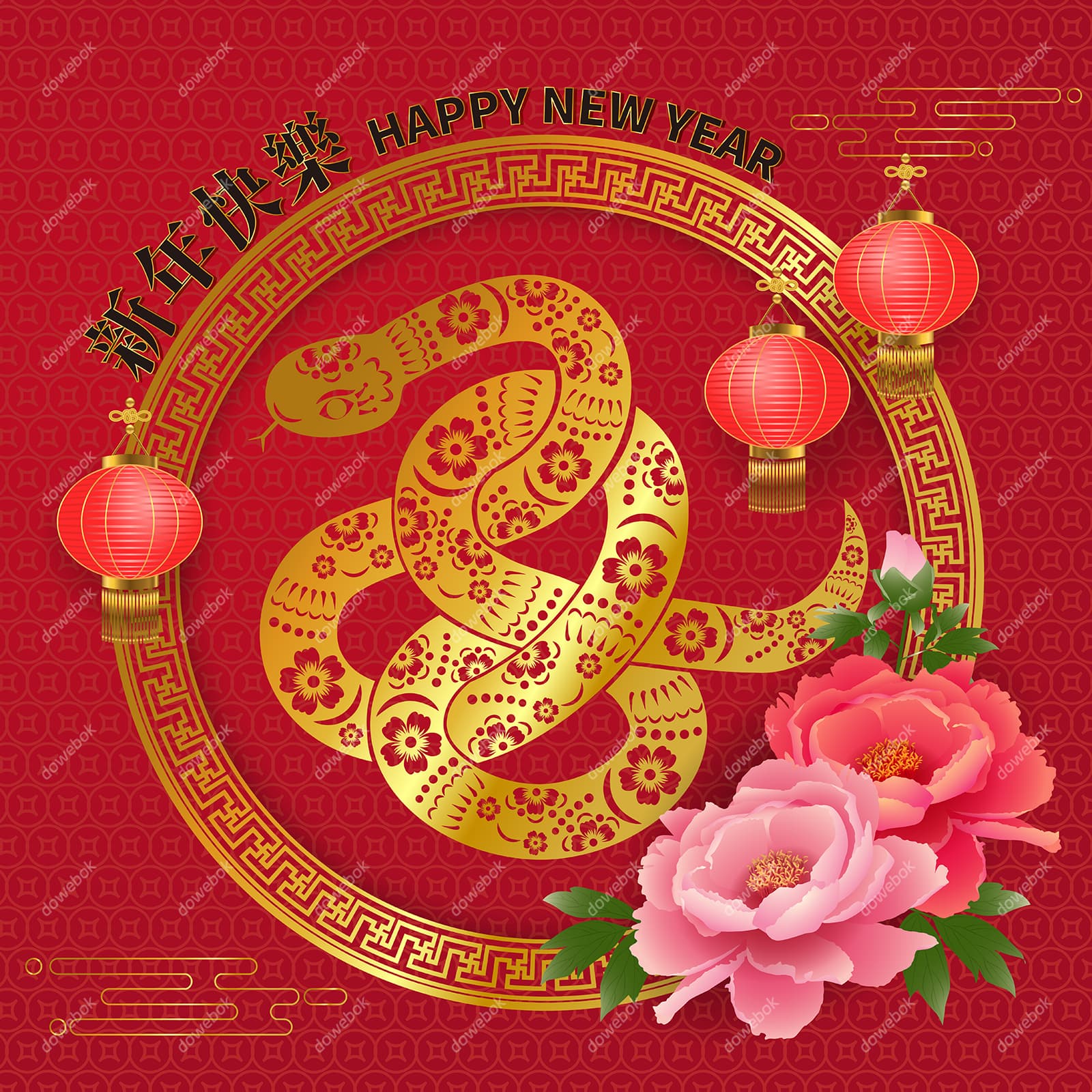 金蛇灯笼牡丹设计蛇年春节背景矢量素材(EPS)