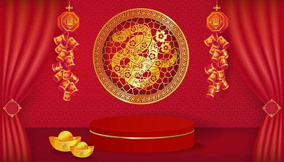 金蛇和鞭炮设计蛇年春节背景矢量素材(EPS)