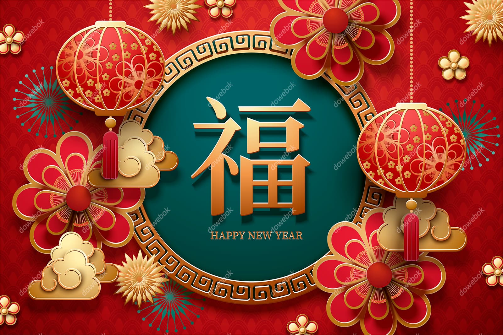 福字灯笼和花朵等设计春节背景矢量素材(EPS)