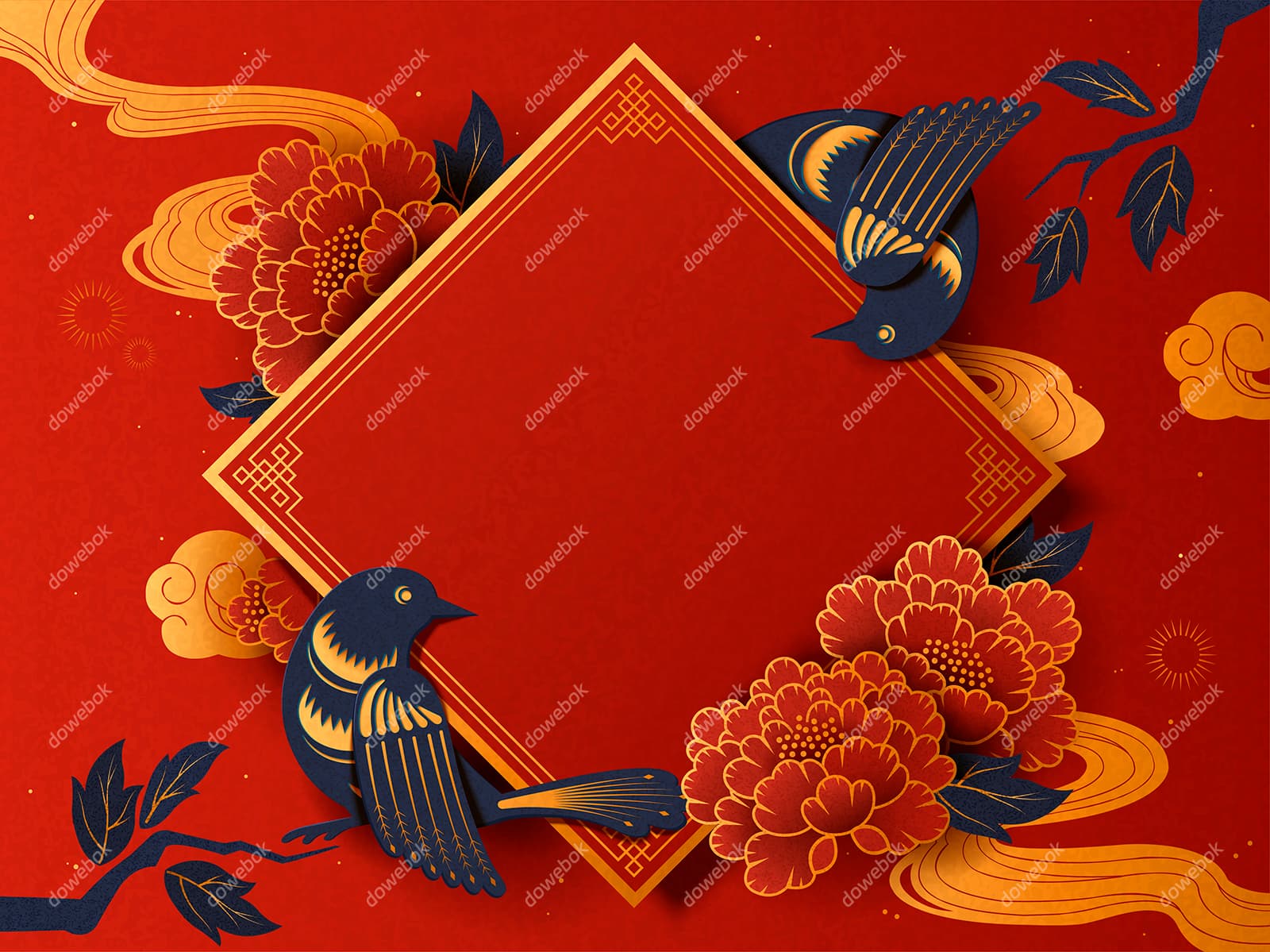 两只燕子和牡丹花设计春节背景矢量素材(EPS)