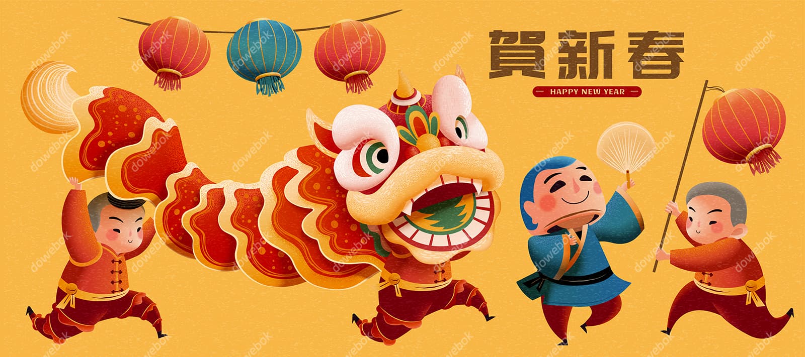 孩子们舞狮「贺新春」设计春节 banner 矢量素材(EPS)