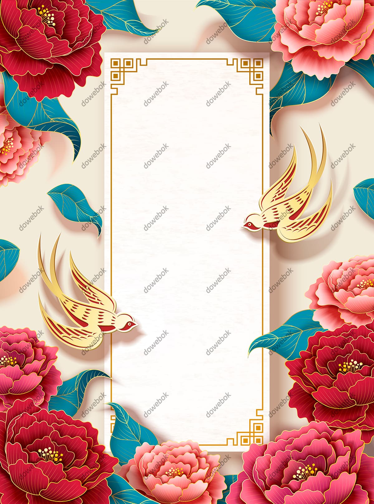 燕子和牡丹花设计春节海报矢量素材(EPS)