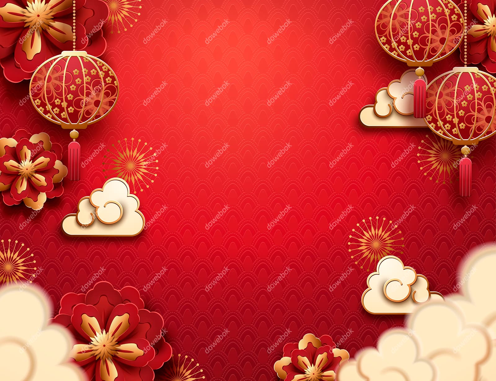 灯笼花朵祥云设计红色喜庆新年春节背景矢量素材(EPS)