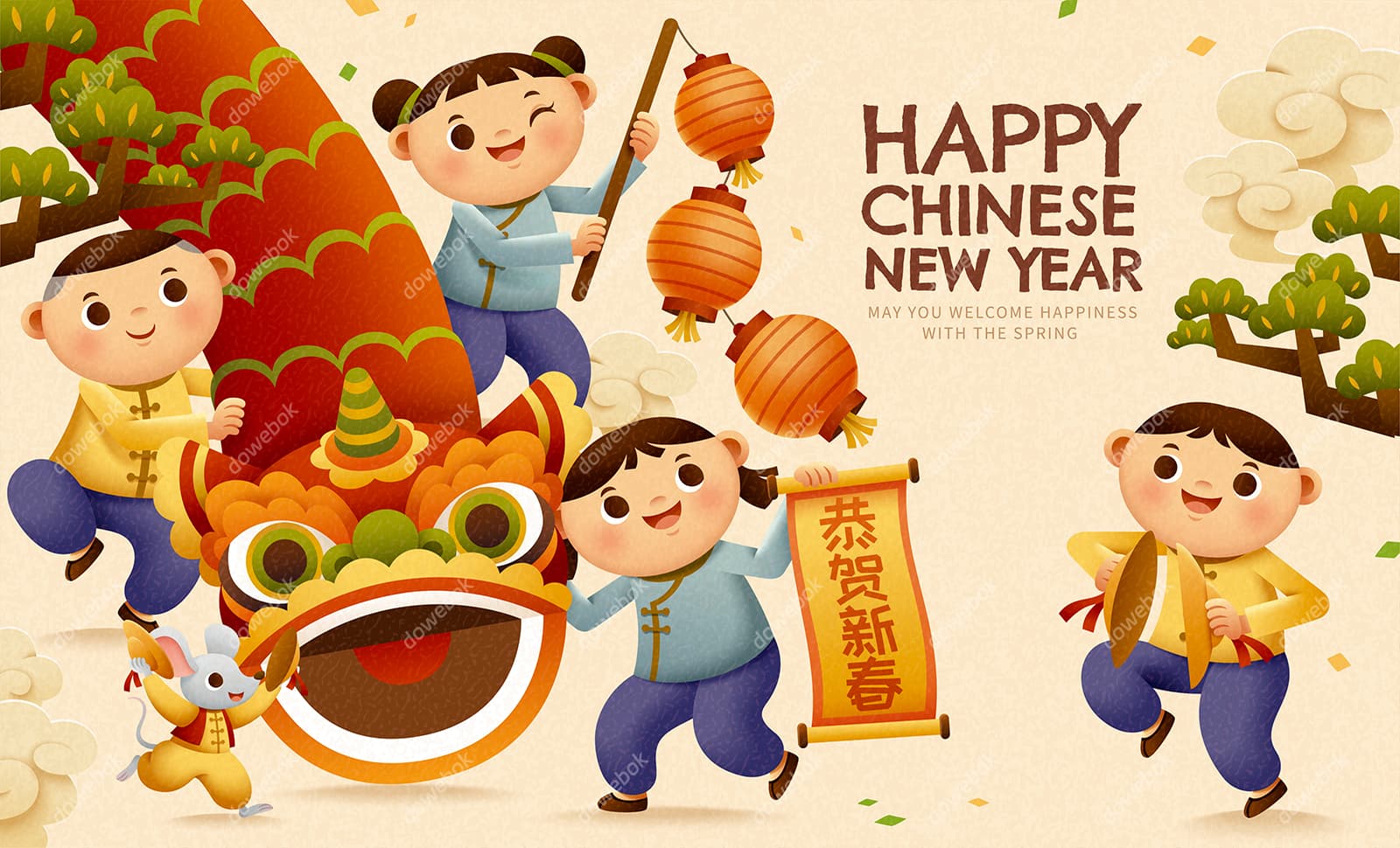 开心庆祝春节的孩子们春节背景矢量素材(EPS)