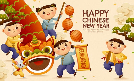 开心庆祝春节的孩子们春节背景矢量素材(EPS)