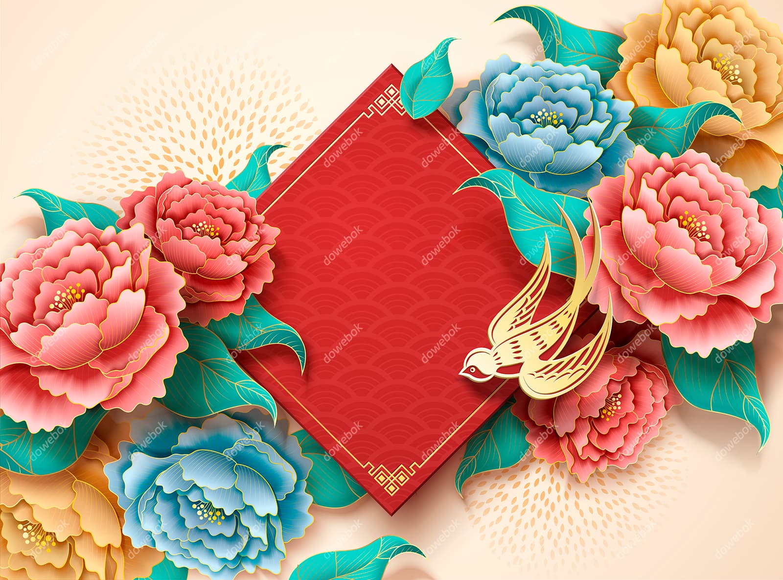 金燕子和牡丹花设计春节背景矢量素材(EPS)