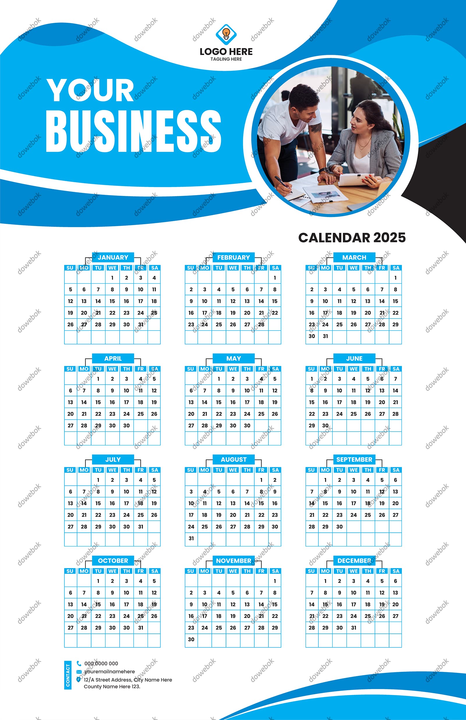 一起讨论工作的白领设计 2025 年日历矢量素材(EPS)