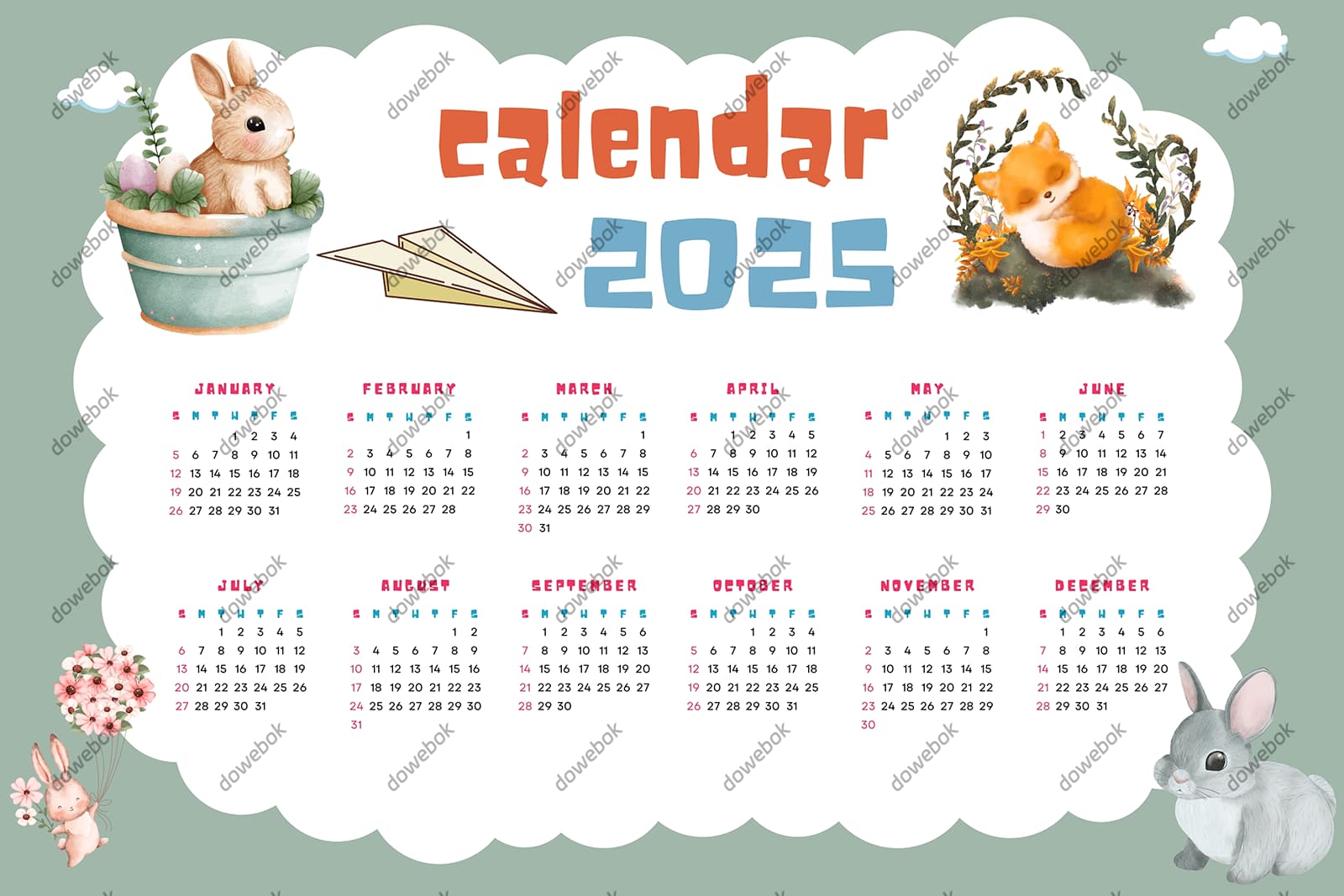 可爱的动物设计 2025 年日历矢量素材(EPS)