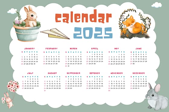 可爱的动物设计 2025 年日历矢量素材(EPS)