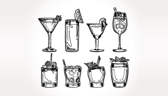 手绘黑白风格鸡尾酒矢量素材(EPS/AI)