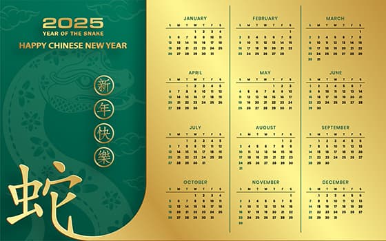 金色和绿色背景设计 2025 蛇年日历矢量素材(EPS)