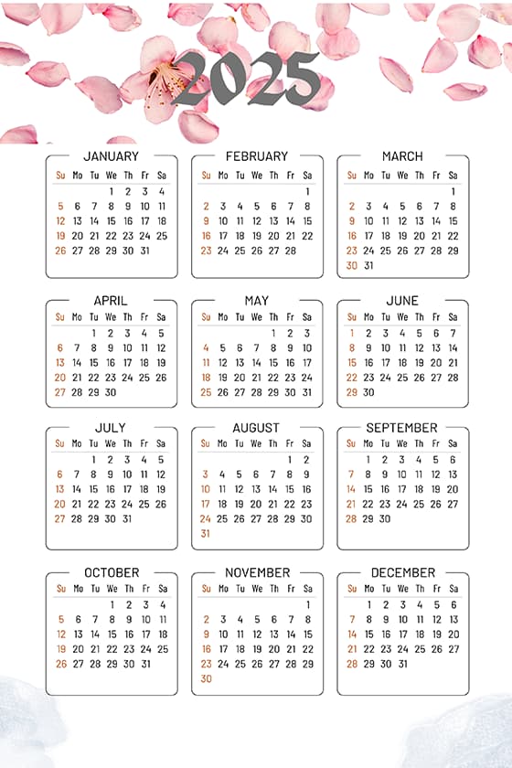 粉色花瓣设计 2025 年日历矢量素材(EPS)