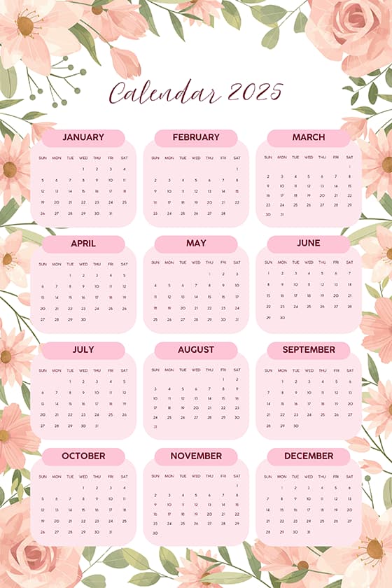 美丽的花朵设计 2025 年日历矢量素材(EPS)