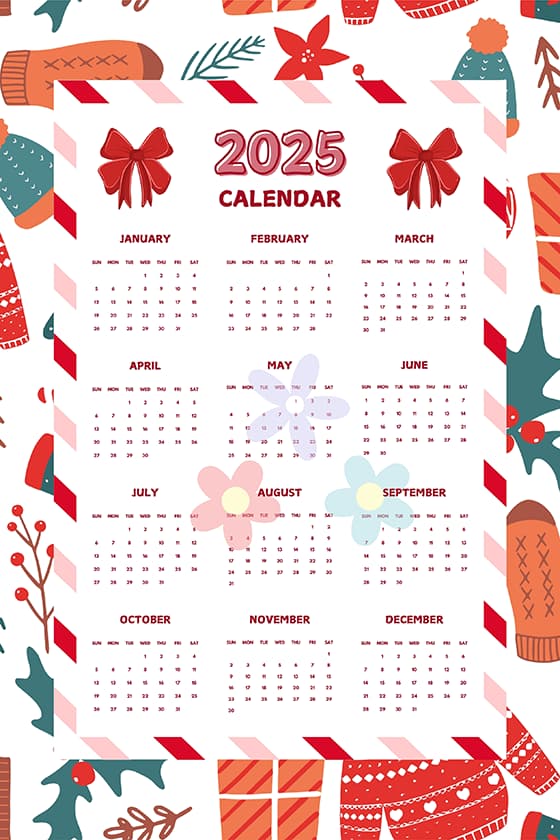 冬天的衣物和装饰设计 2025 年日历矢量素材(EPS)