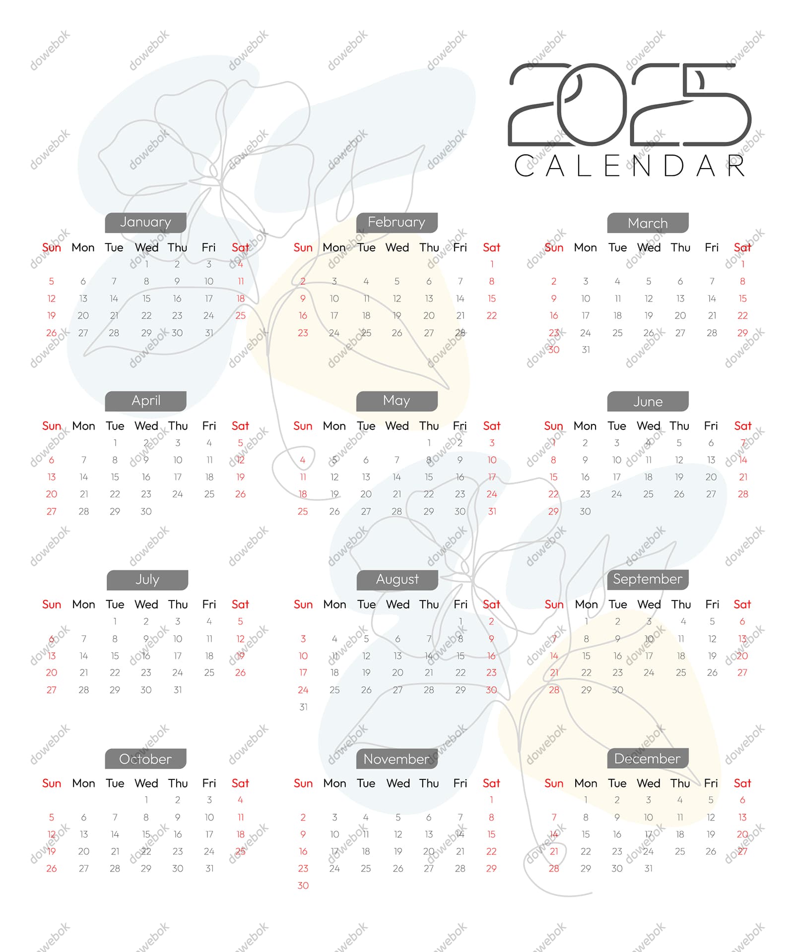 淡淡的抽象花朵设计 2025 年日历矢量素材(EPS)