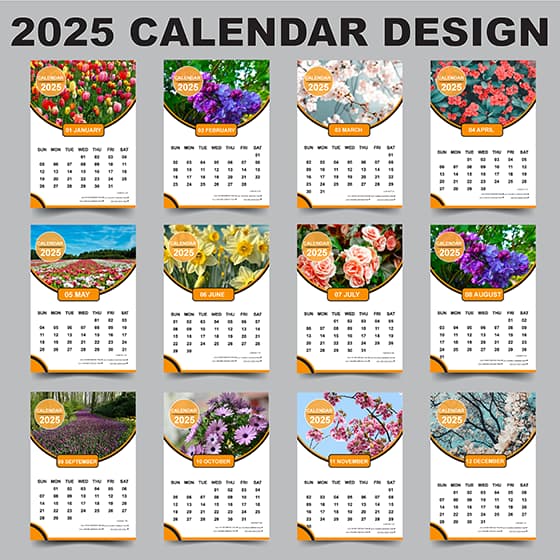 美丽的花朵设计 2025 年日历矢量素材(EPS)