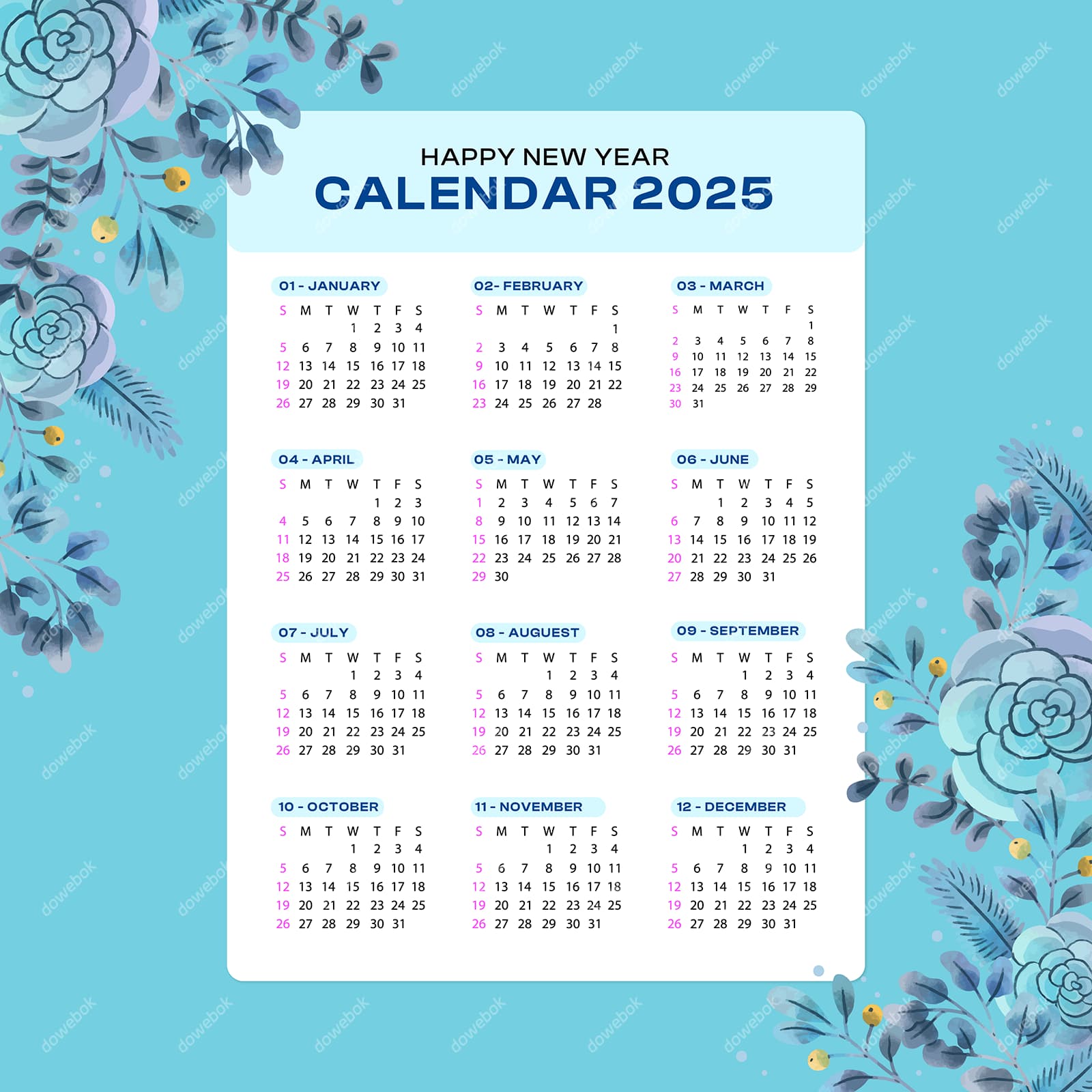 蓝色水彩花朵设计 2025 年日历矢量素材(EPS)