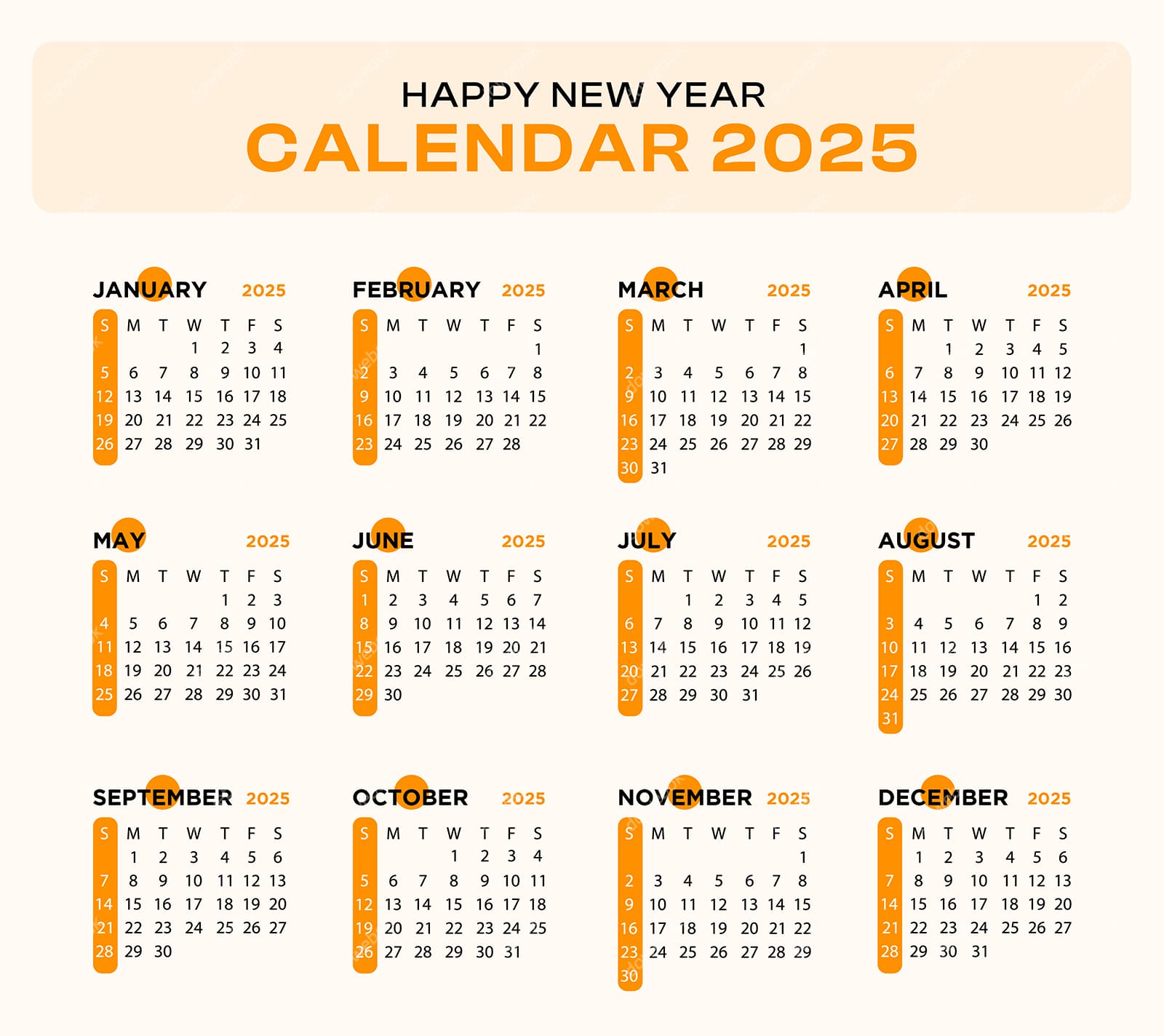 橙色的 2025 年日历矢量素材(EPS)