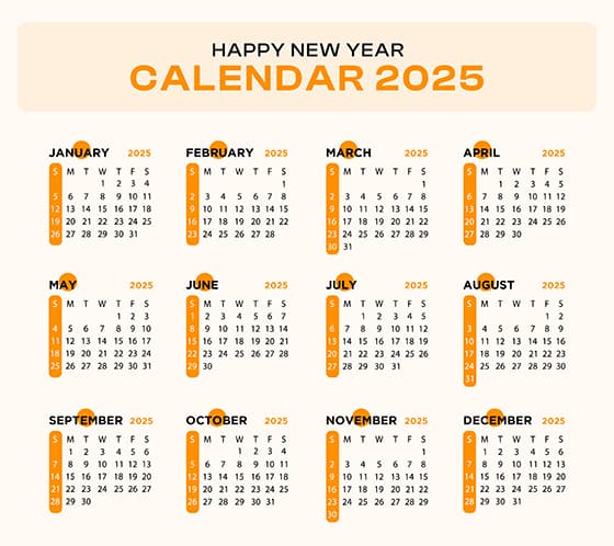 橙色的 2025 年日历矢量素材(EPS)