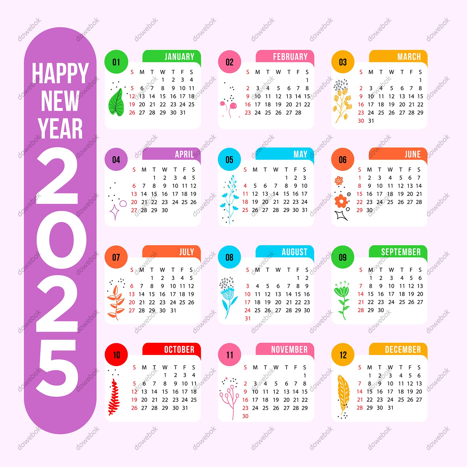扁平风格的植物设计 2025 年日历矢量素材(EPS)