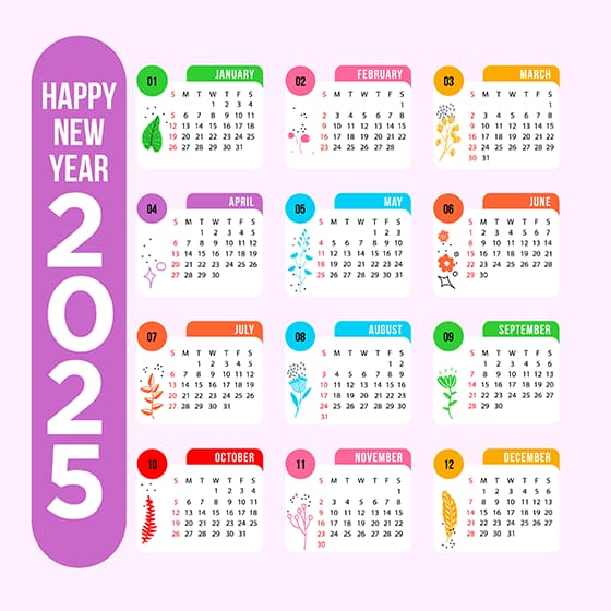 扁平风格的植物设计 2025 年日历矢量素材(EPS)