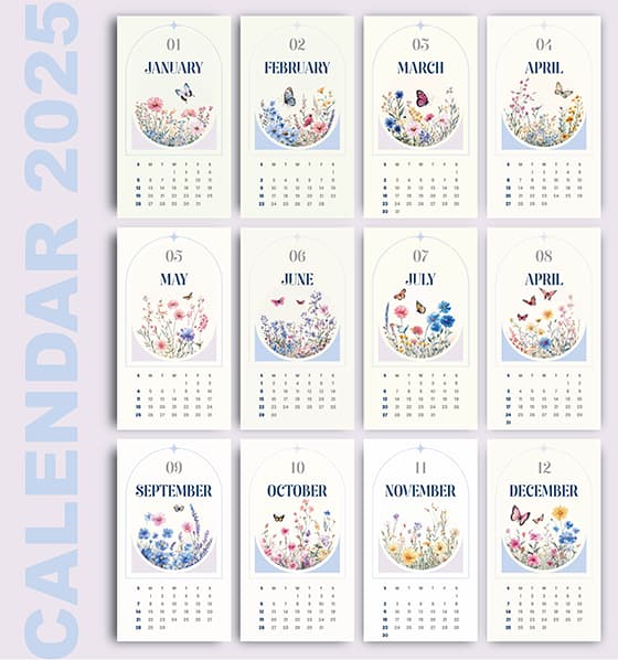 美丽的花朵和蝴蝶设计 2025 年日历矢量素材(EPS)