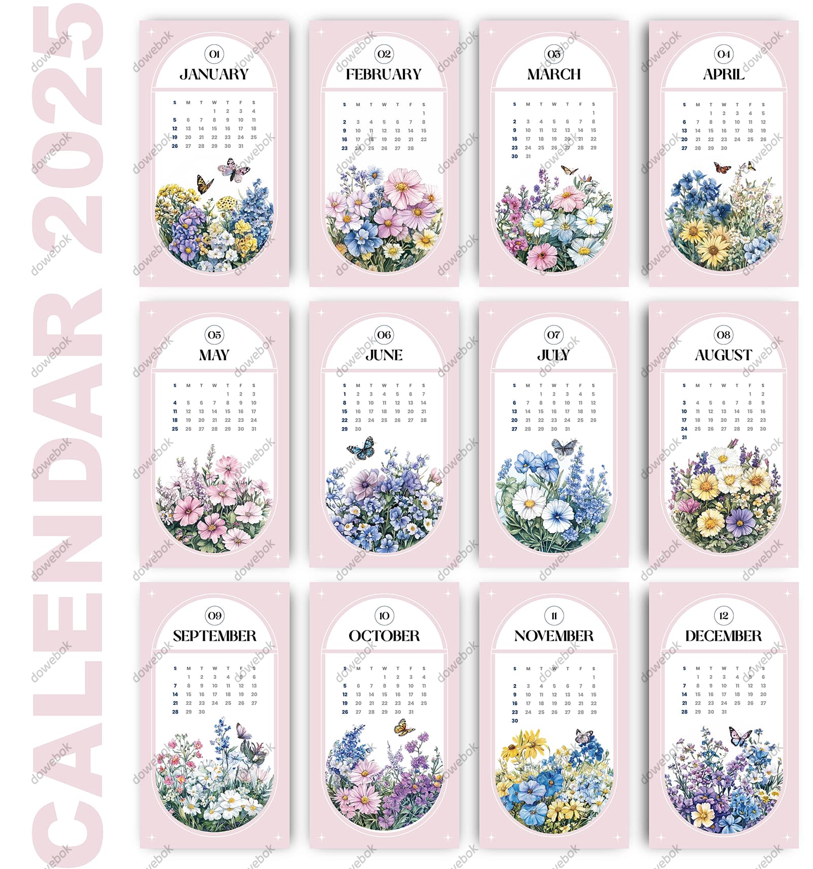 美丽的花朵和蝴蝶设计 2025 年日历矢量素材(EPS)