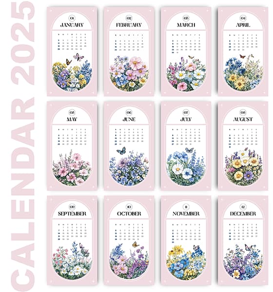 美丽的花朵和蝴蝶设计 2025 年日历矢量素材(EPS)