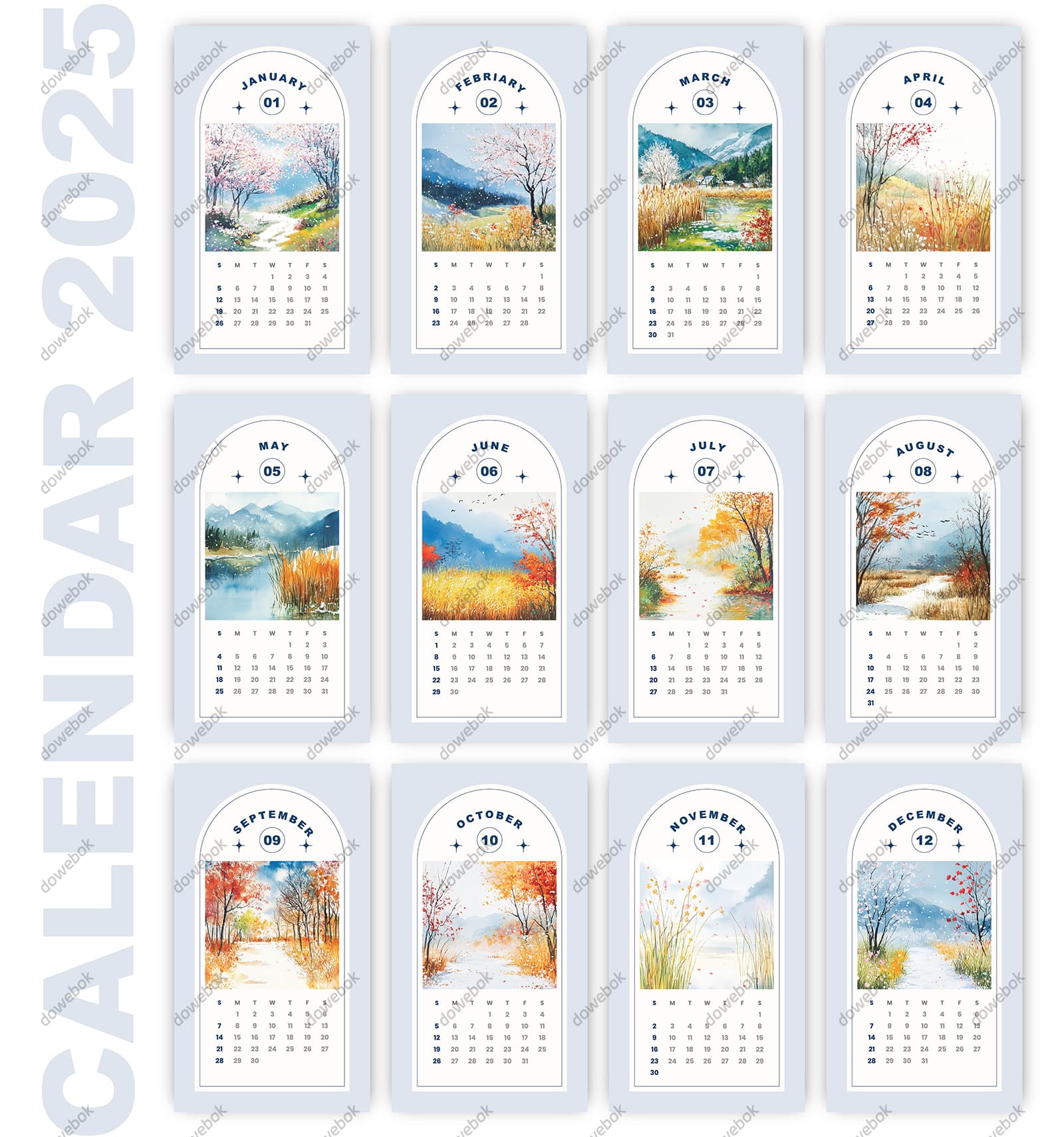 漂亮的风景油画设计 2025 年日历矢量素材(EPS)