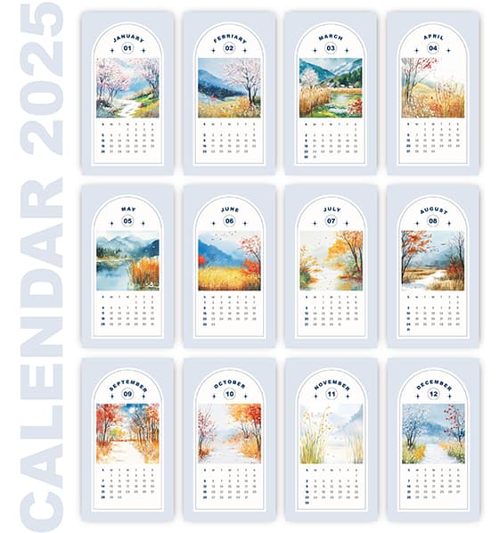 漂亮的风景油画设计 2025 年日历矢量素材(EPS)