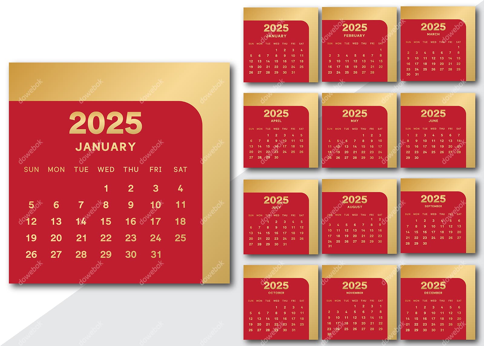 红色和金色简约设计 2025 年日历矢量素材(EPS)