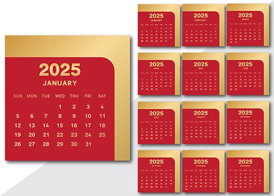 红色和金色简约设计 2025 年日历矢量素材(EPS)