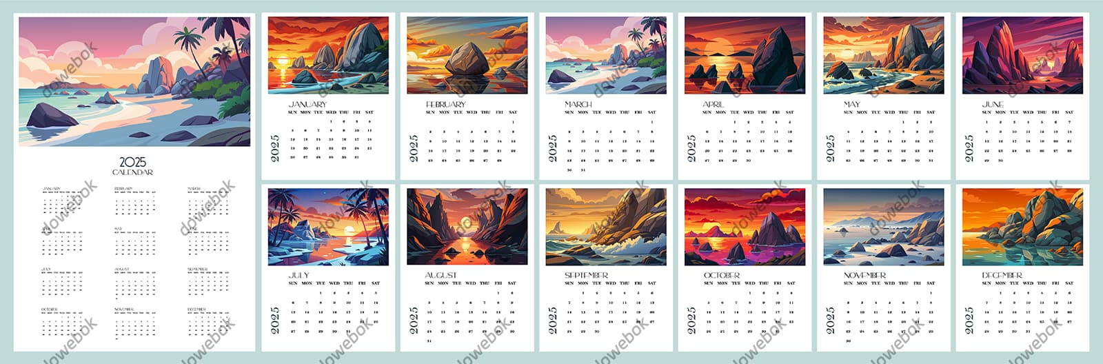 抽象户外自然景色设计 2025 年日历矢量素材(EPS)