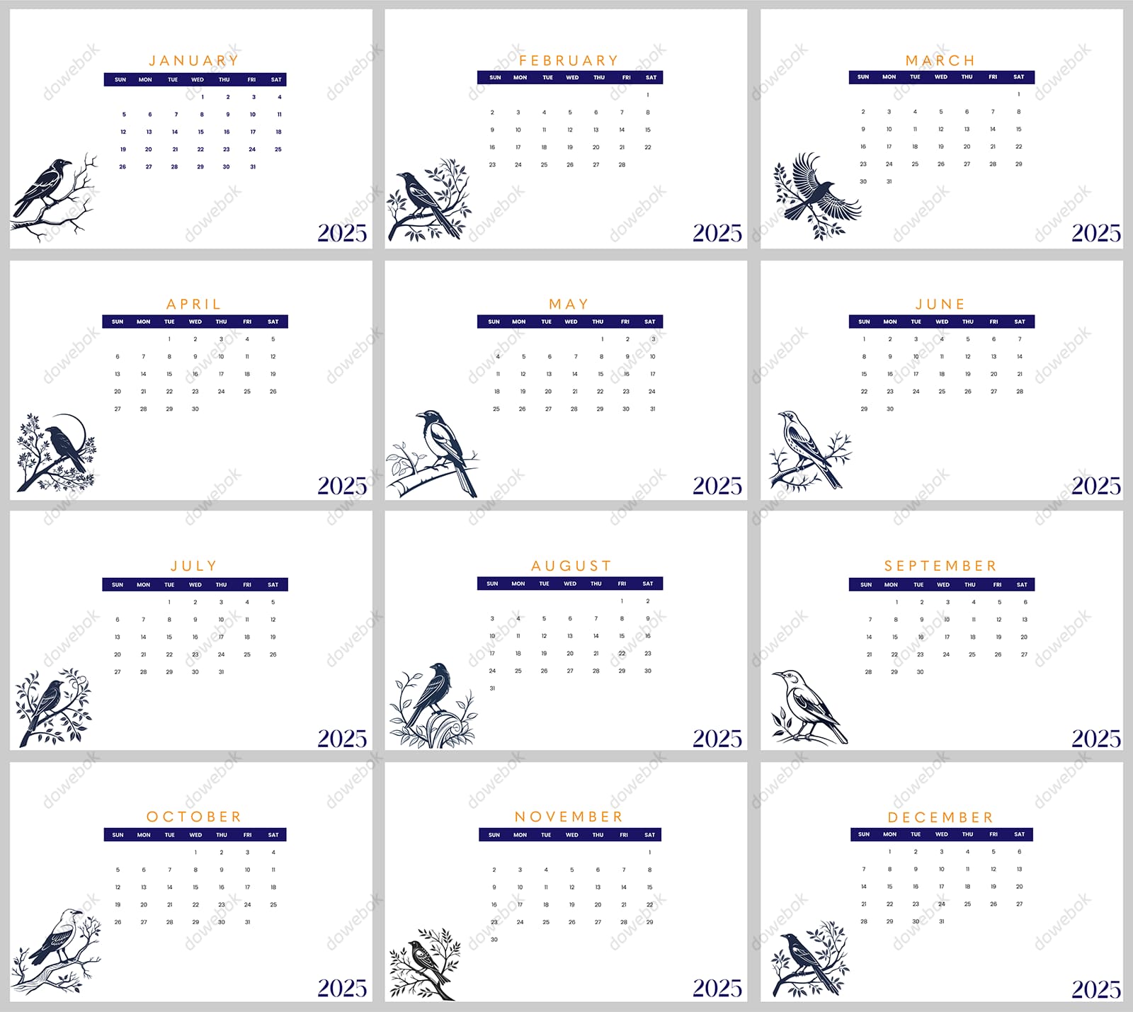 各种各样的鸟设计 2025 年日历矢量素材(EPS)