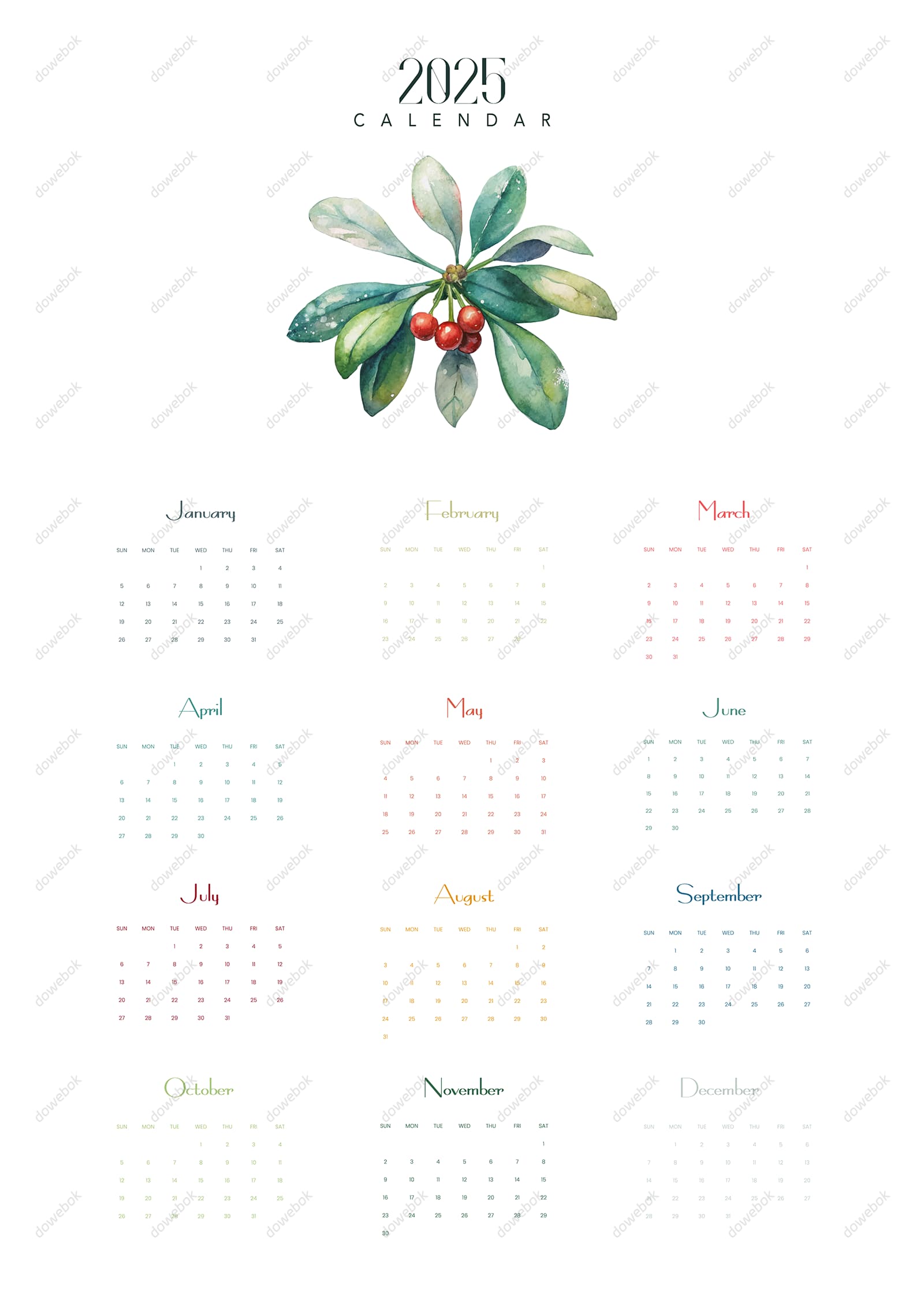 水彩花卉果实设计 2025 年日历矢量素材(EPS)
