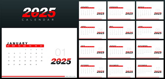 红黑色简约设计 2025 年日历矢量素材(EPS)