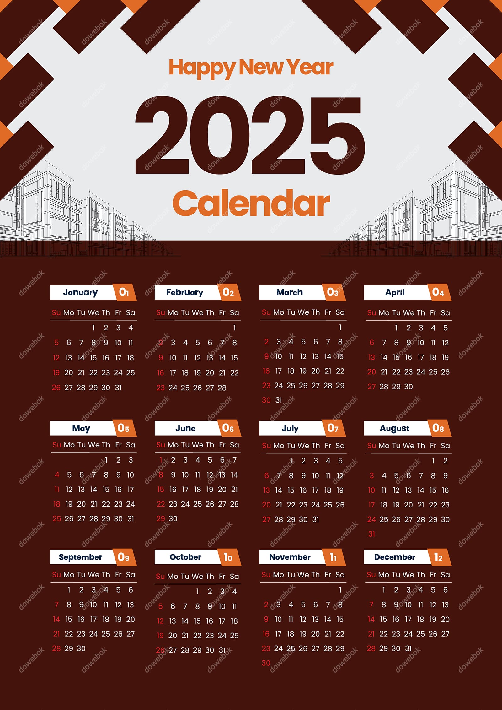 深橙色简约 2025 年日历矢量素材(EPS)