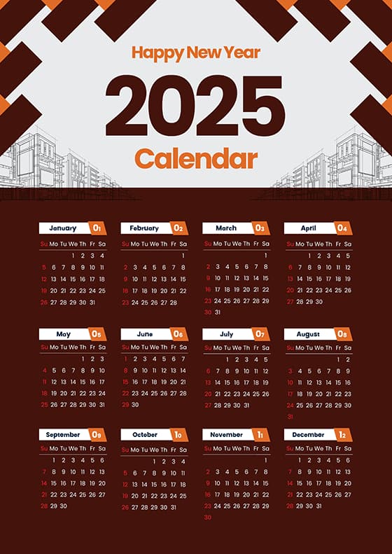 深橙色简约 2025 年日历矢量素材(EPS)