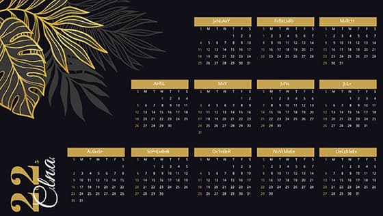 金色棕榈叶设计 2025 年日历矢量素材(EPS)