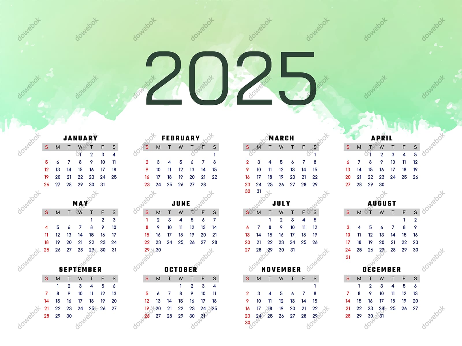 绿色简单背景设计 2025 年日历矢量素材(EPS)