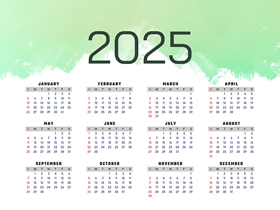 绿色简单背景设计 2025 年日历矢量素材(EPS)