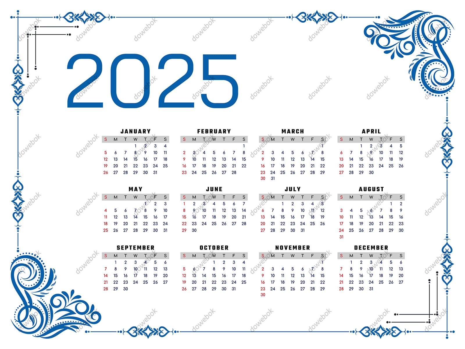 蓝色装饰设计 2025 年日历矢量素材(EPS)