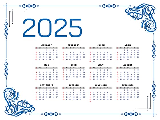 蓝色装饰设计 2025 年日历矢量素材(EPS)