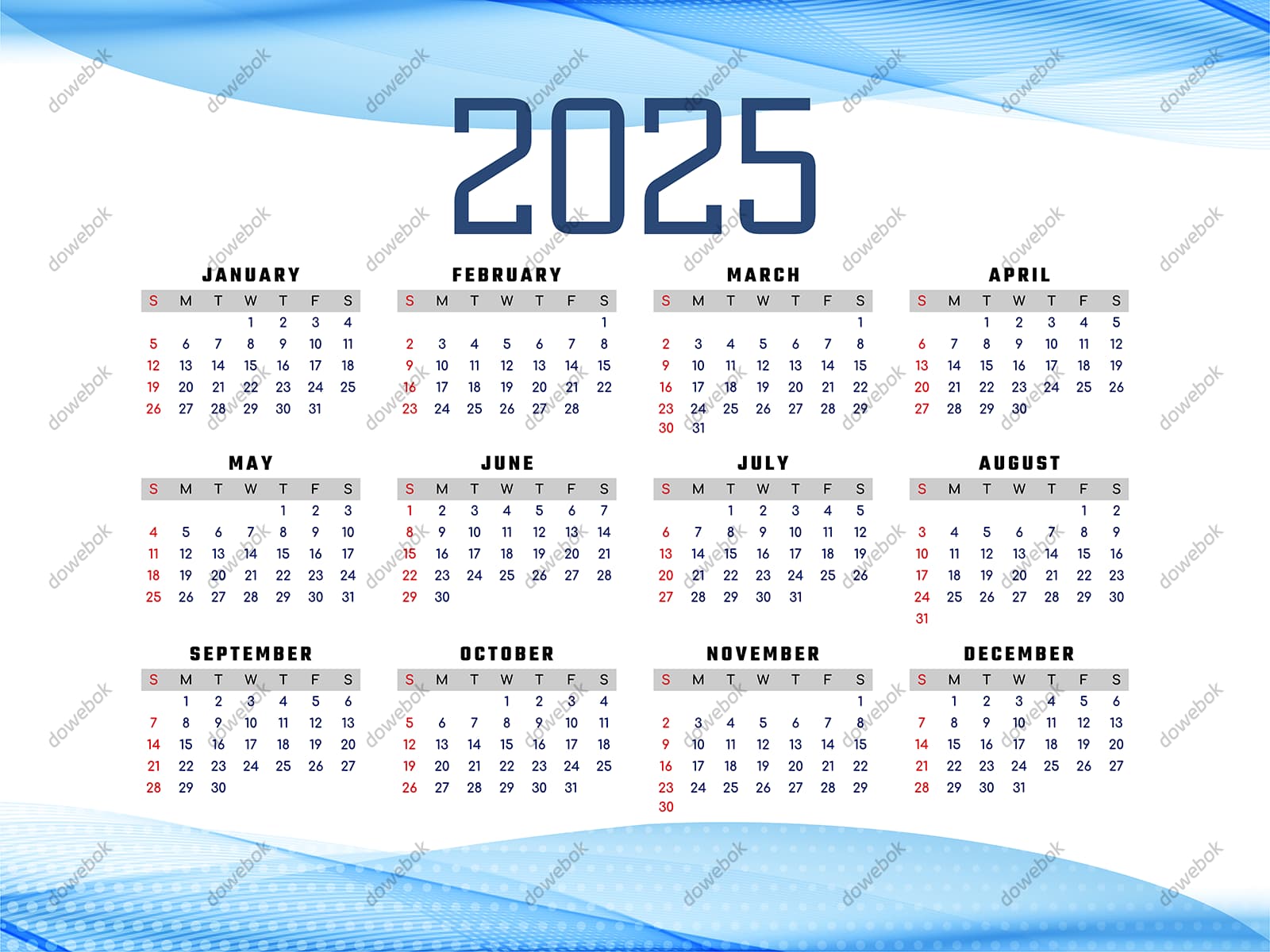 蓝色波浪设计 2025 年日历矢量素材(EPS)