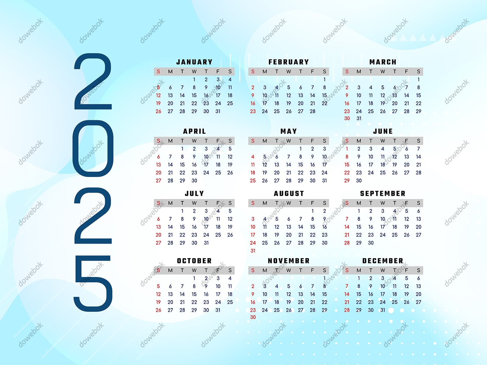 淡蓝色背景设计 2025 年日历矢量素材(EPS)