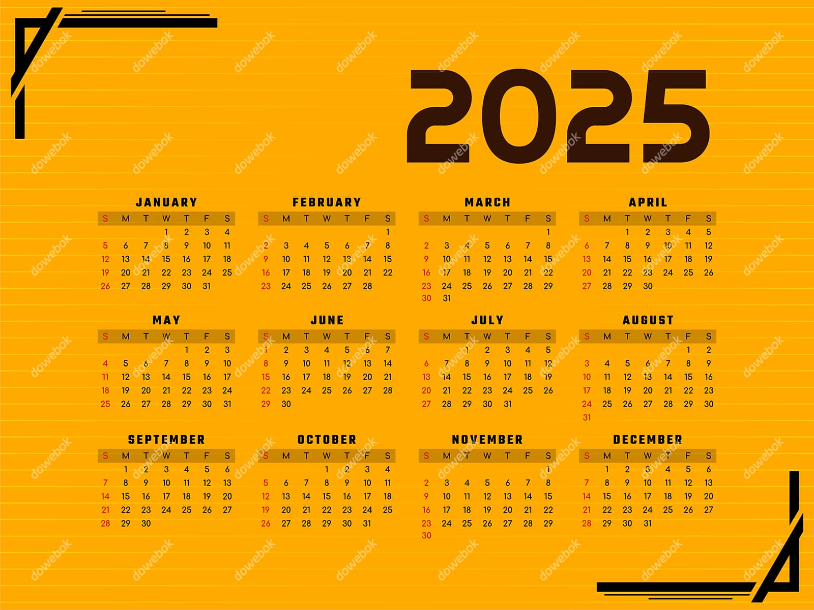 鲜艳的黄色背景设计 2025 年日历矢量素材(EPS)