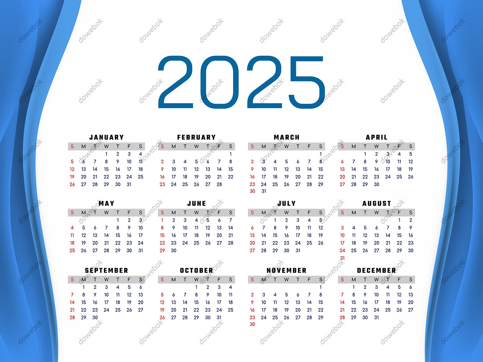 简单蓝色背景设计 2025 年日历矢量素材(EPS)